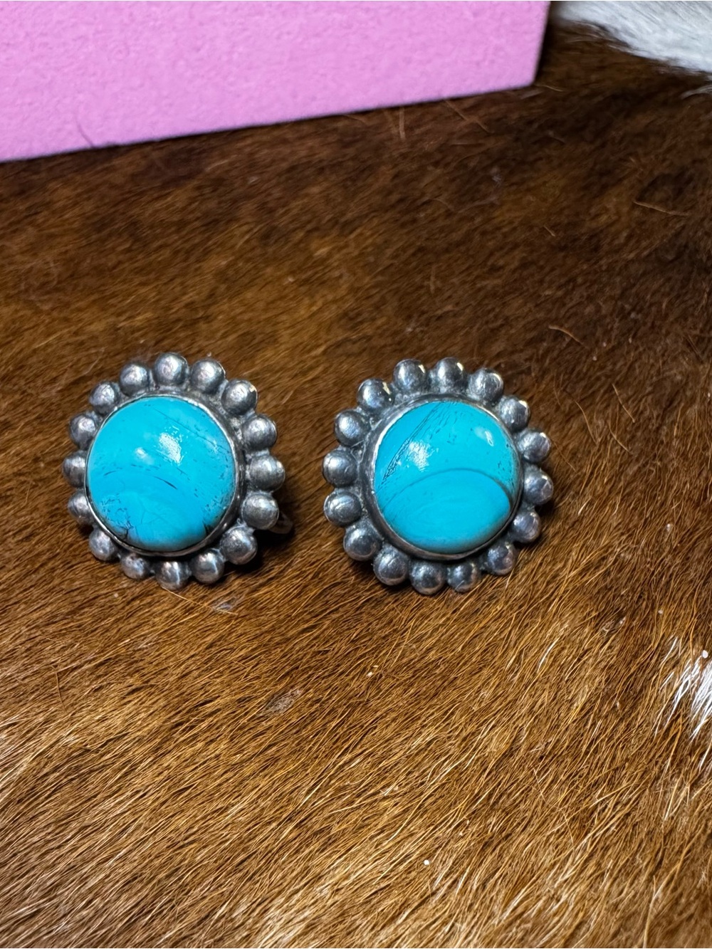 Native Turquoise Floral Silver Stud Earrings (clip on)